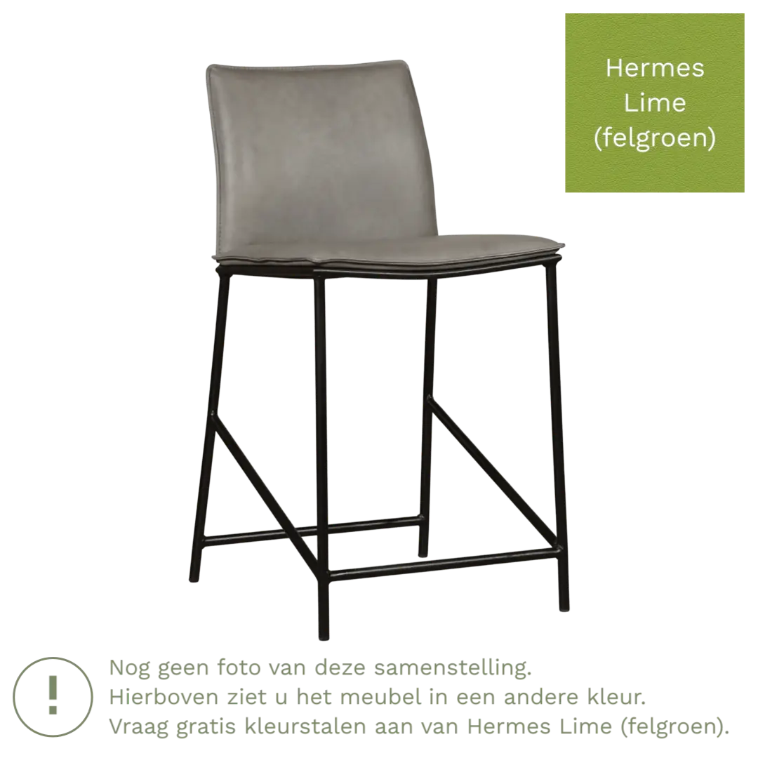 afbeelding van Leren barkruk laag Favor - Hermes Lime (felgroen) - poten staal rond zwart
